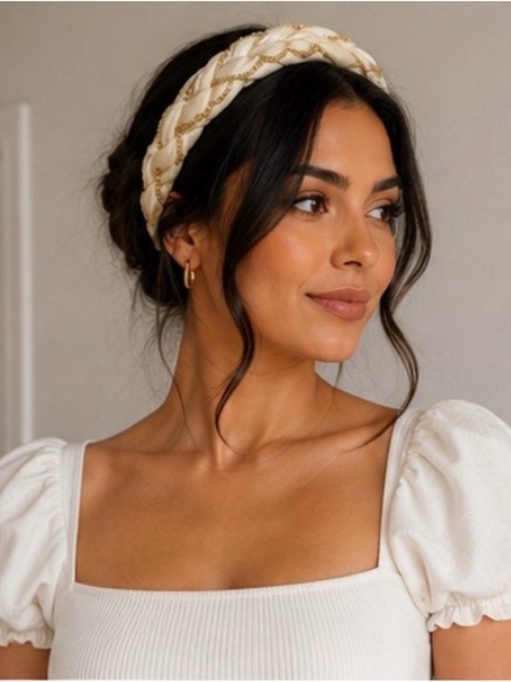 Braided Cream Headband with Gold Chain Detail - Women's Accessory